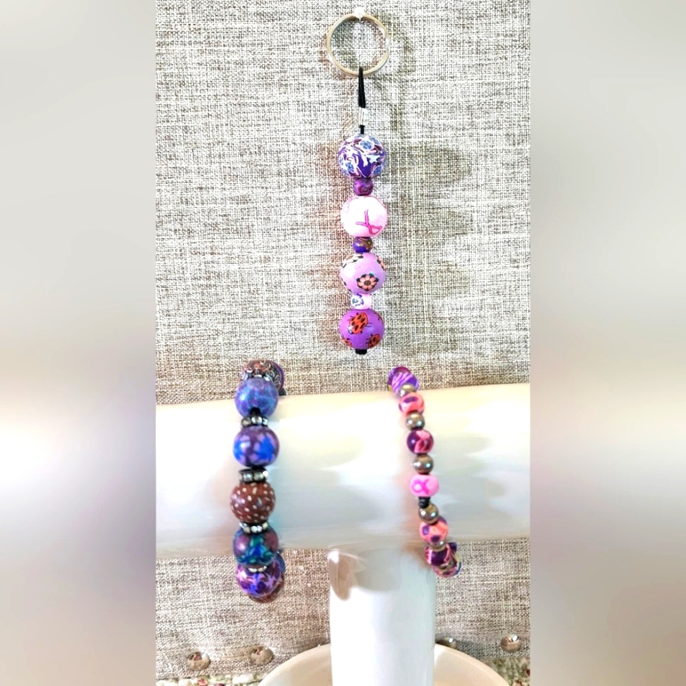 Purple and Pink Beaded Bracelet and Keychain Set.  Two Bracelets & One Keychain.